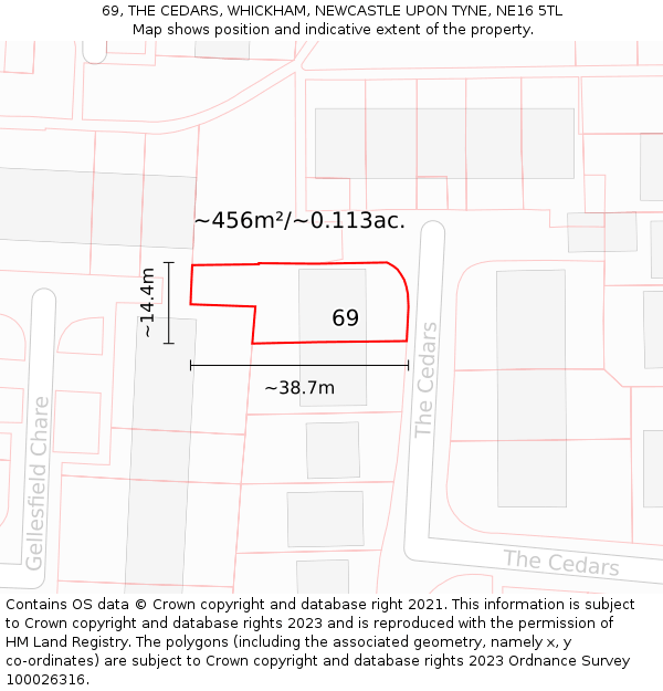 69, THE CEDARS, WHICKHAM, NEWCASTLE UPON TYNE, NE16 5TL: Plot and title map