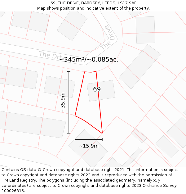 69, THE DRIVE, BARDSEY, LEEDS, LS17 9AF: Plot and title map