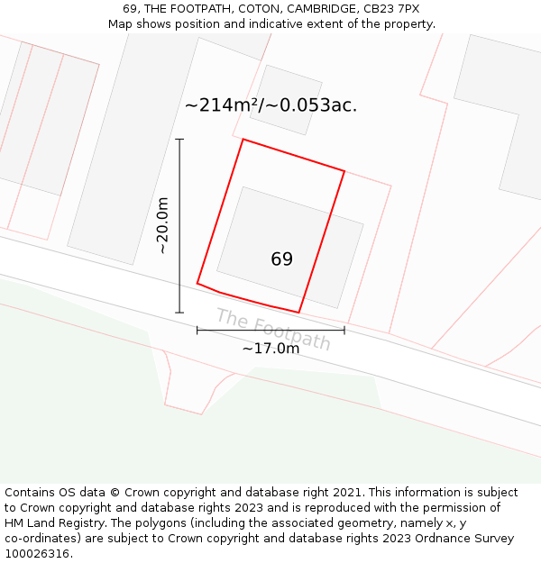 69, THE FOOTPATH, COTON, CAMBRIDGE, CB23 7PX: Plot and title map