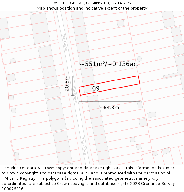 69, THE GROVE, UPMINSTER, RM14 2ES: Plot and title map