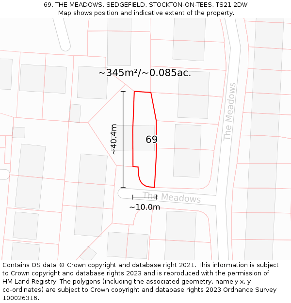69, THE MEADOWS, SEDGEFIELD, STOCKTON-ON-TEES, TS21 2DW: Plot and title map