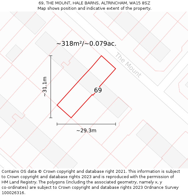 69, THE MOUNT, HALE BARNS, ALTRINCHAM, WA15 8SZ: Plot and title map