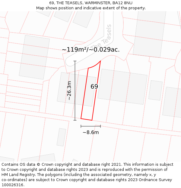69, THE TEASELS, WARMINSTER, BA12 8NU: Plot and title map