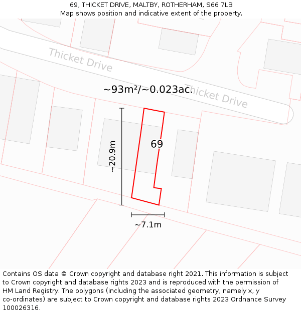 69, THICKET DRIVE, MALTBY, ROTHERHAM, S66 7LB: Plot and title map