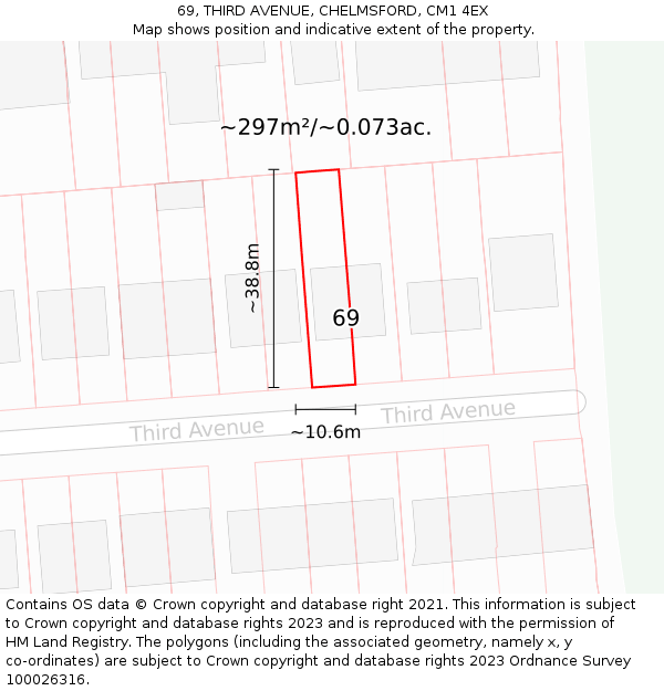 69, THIRD AVENUE, CHELMSFORD, CM1 4EX: Plot and title map