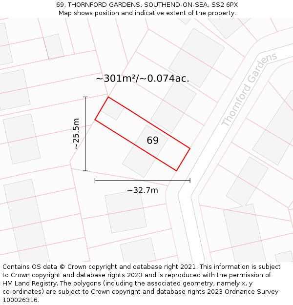 69, THORNFORD GARDENS, SOUTHEND-ON-SEA, SS2 6PX: Plot and title map