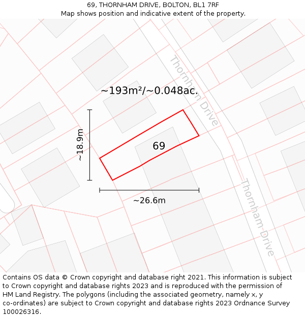69, THORNHAM DRIVE, BOLTON, BL1 7RF: Plot and title map