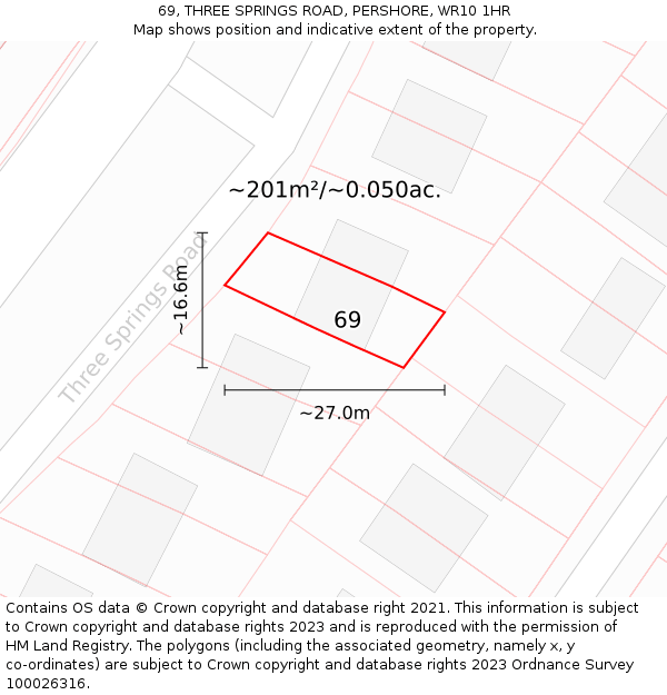 69, THREE SPRINGS ROAD, PERSHORE, WR10 1HR: Plot and title map