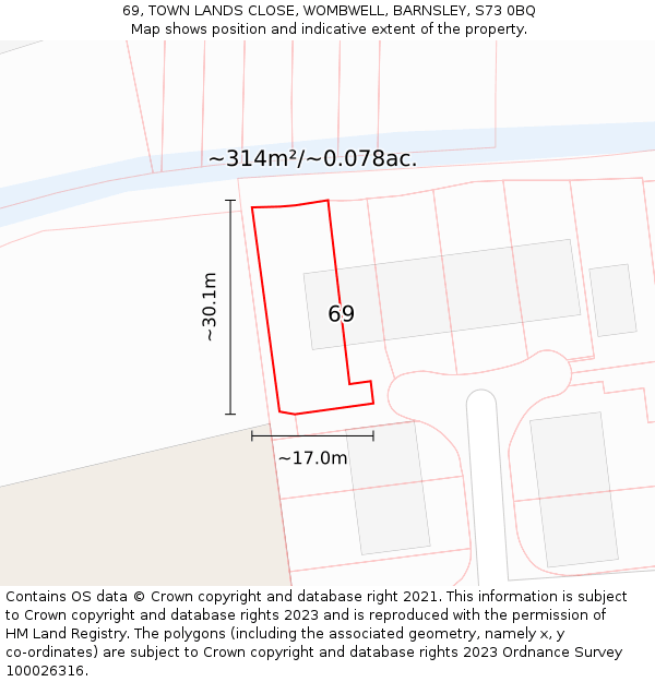 69, TOWN LANDS CLOSE, WOMBWELL, BARNSLEY, S73 0BQ: Plot and title map
