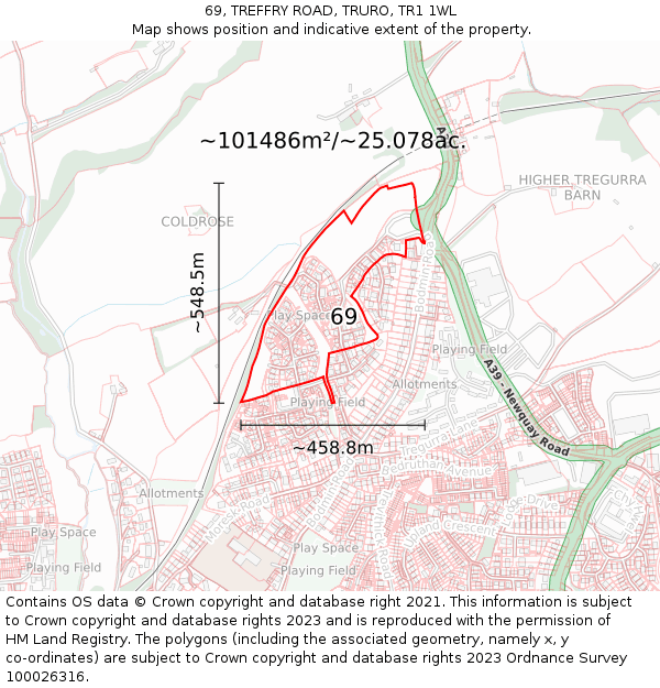 69, TREFFRY ROAD, TRURO, TR1 1WL: Plot and title map