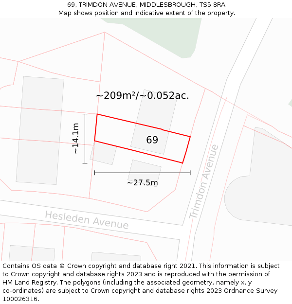 69, TRIMDON AVENUE, MIDDLESBROUGH, TS5 8RA: Plot and title map
