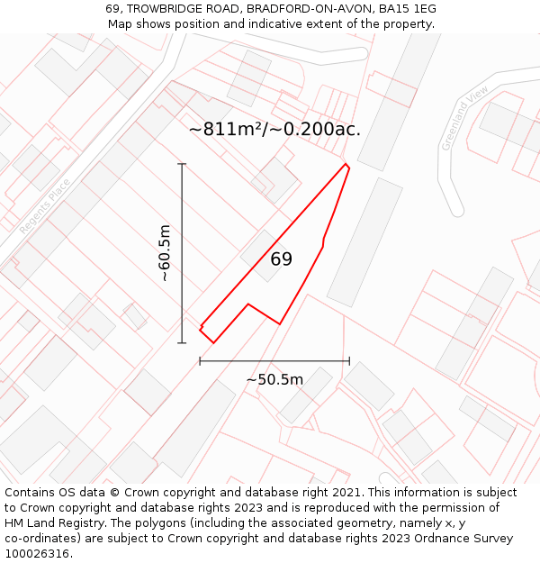 69, TROWBRIDGE ROAD, BRADFORD-ON-AVON, BA15 1EG: Plot and title map