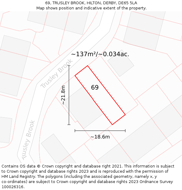 69, TRUSLEY BROOK, HILTON, DERBY, DE65 5LA: Plot and title map