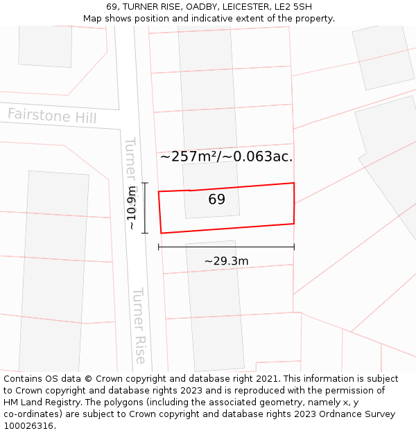 69, TURNER RISE, OADBY, LEICESTER, LE2 5SH: Plot and title map