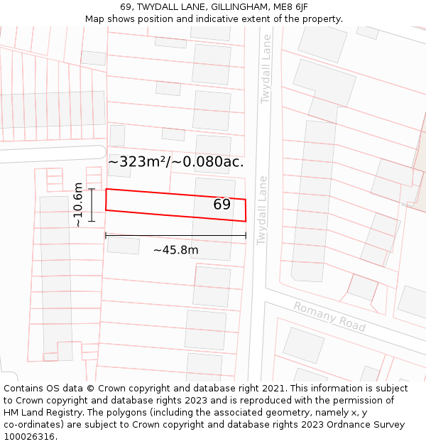 69, TWYDALL LANE, GILLINGHAM, ME8 6JF: Plot and title map