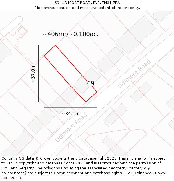 69, UDIMORE ROAD, RYE, TN31 7EA: Plot and title map