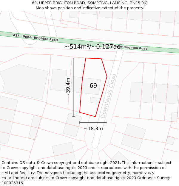 69, UPPER BRIGHTON ROAD, SOMPTING, LANCING, BN15 0JQ: Plot and title map
