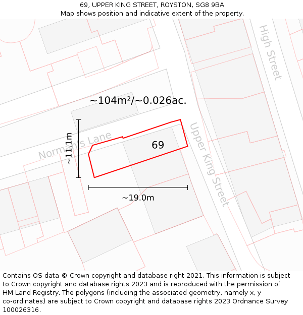 69, UPPER KING STREET, ROYSTON, SG8 9BA: Plot and title map