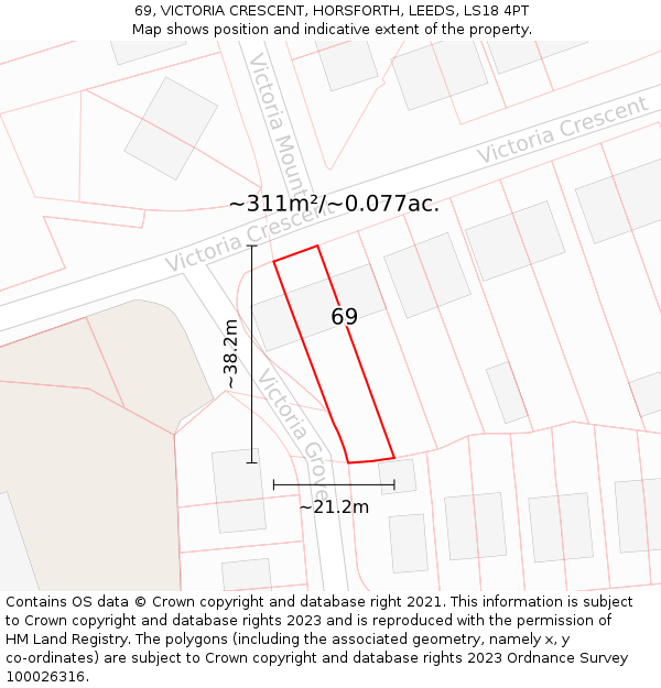 69, VICTORIA CRESCENT, HORSFORTH, LEEDS, LS18 4PT: Plot and title map