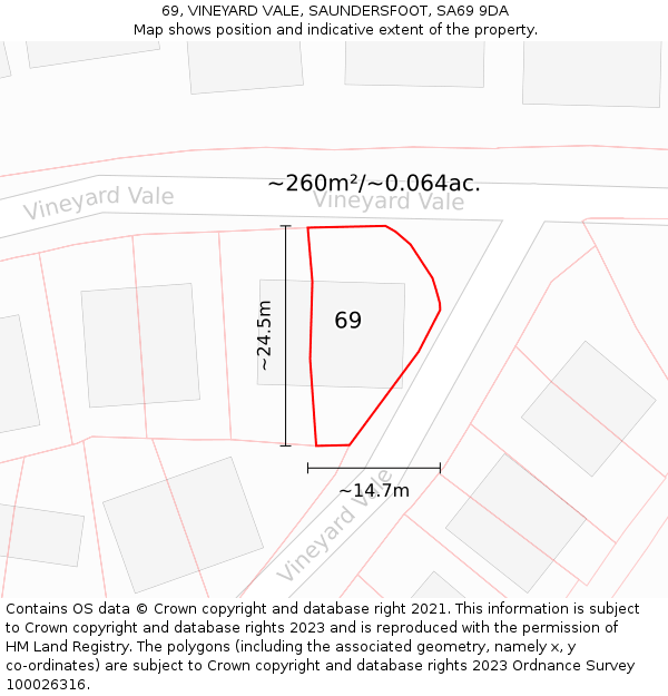 69, VINEYARD VALE, SAUNDERSFOOT, SA69 9DA: Plot and title map