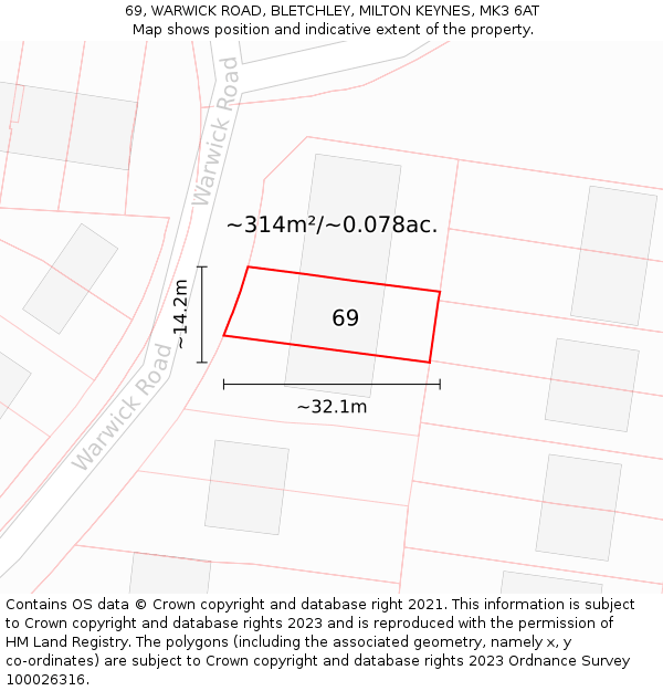69, WARWICK ROAD, BLETCHLEY, MILTON KEYNES, MK3 6AT: Plot and title map