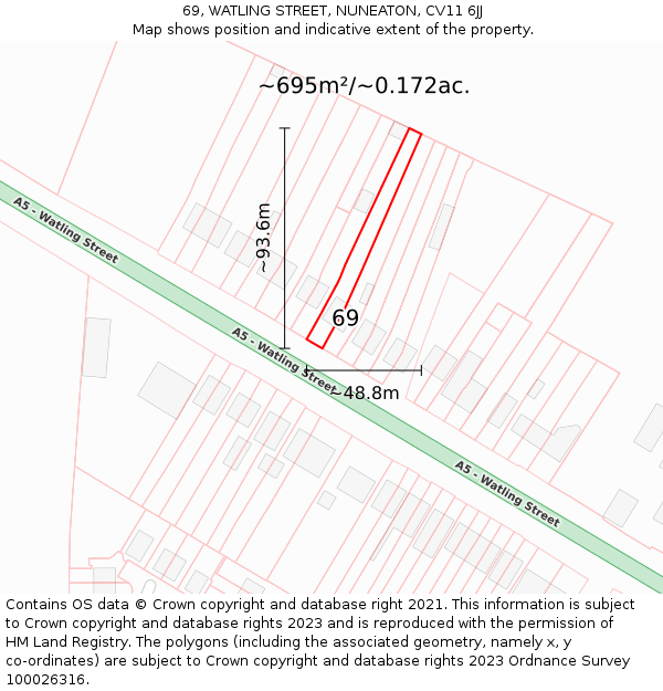 69, WATLING STREET, NUNEATON, CV11 6JJ: Plot and title map