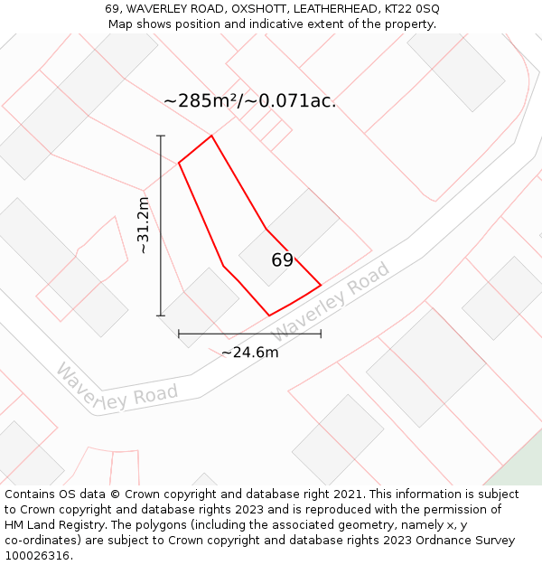69, WAVERLEY ROAD, OXSHOTT, LEATHERHEAD, KT22 0SQ: Plot and title map