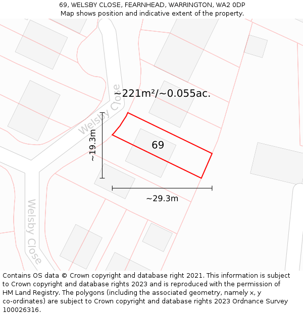 69, WELSBY CLOSE, FEARNHEAD, WARRINGTON, WA2 0DP: Plot and title map