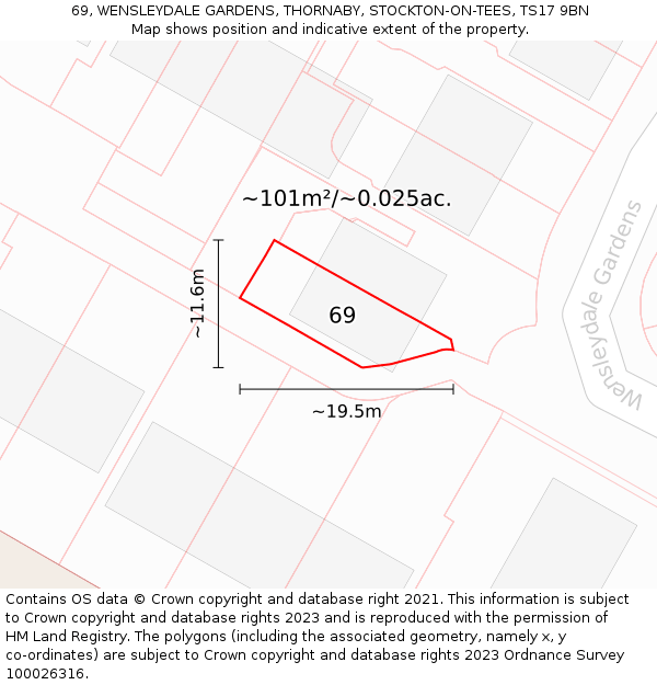 69, WENSLEYDALE GARDENS, THORNABY, STOCKTON-ON-TEES, TS17 9BN: Plot and title map