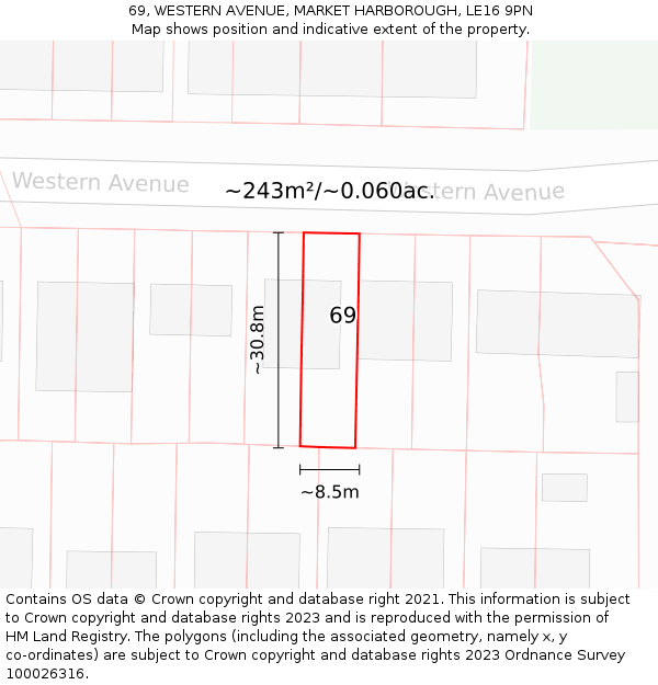 69, WESTERN AVENUE, MARKET HARBOROUGH, LE16 9PN: Plot and title map