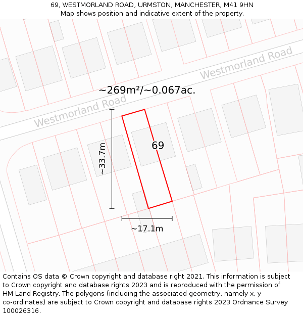69, WESTMORLAND ROAD, URMSTON, MANCHESTER, M41 9HN: Plot and title map