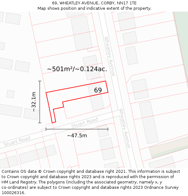 69, WHEATLEY AVENUE, CORBY, NN17 1TE: Plot and title map