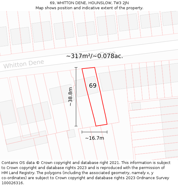 69, WHITTON DENE, HOUNSLOW, TW3 2JN: Plot and title map