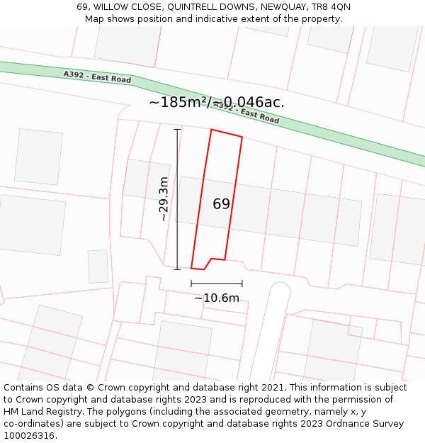 69, WILLOW CLOSE, QUINTRELL DOWNS, NEWQUAY, TR8 4QN: Plot and title map