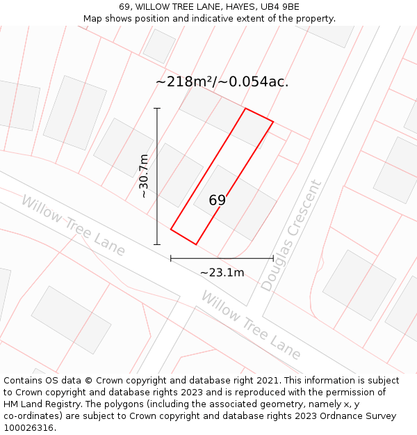 69, WILLOW TREE LANE, HAYES, UB4 9BE: Plot and title map
