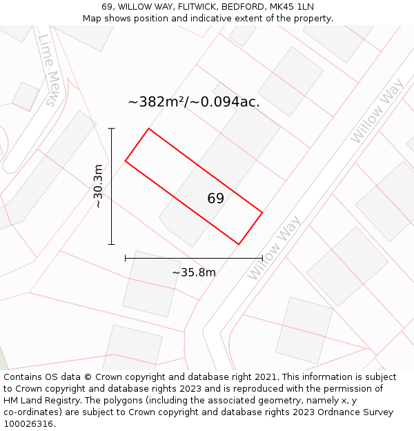 69, WILLOW WAY, FLITWICK, BEDFORD, MK45 1LN: Plot and title map