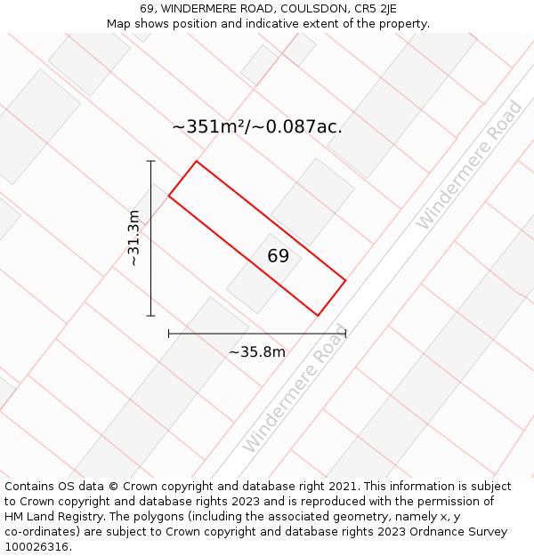 69, WINDERMERE ROAD, COULSDON, CR5 2JE: Plot and title map