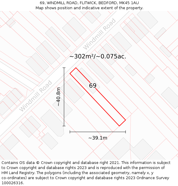 69, WINDMILL ROAD, FLITWICK, BEDFORD, MK45 1AU: Plot and title map