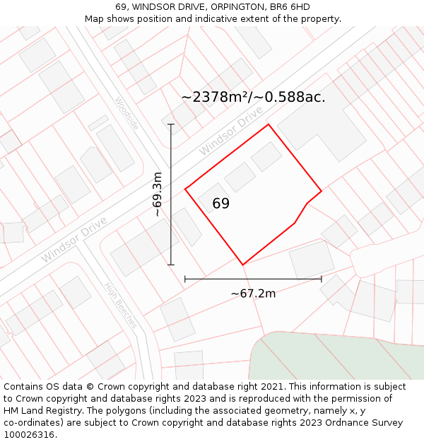 69, WINDSOR DRIVE, ORPINGTON, BR6 6HD: Plot and title map