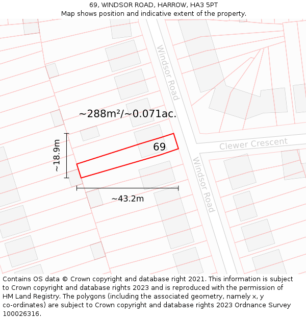 69, WINDSOR ROAD, HARROW, HA3 5PT: Plot and title map