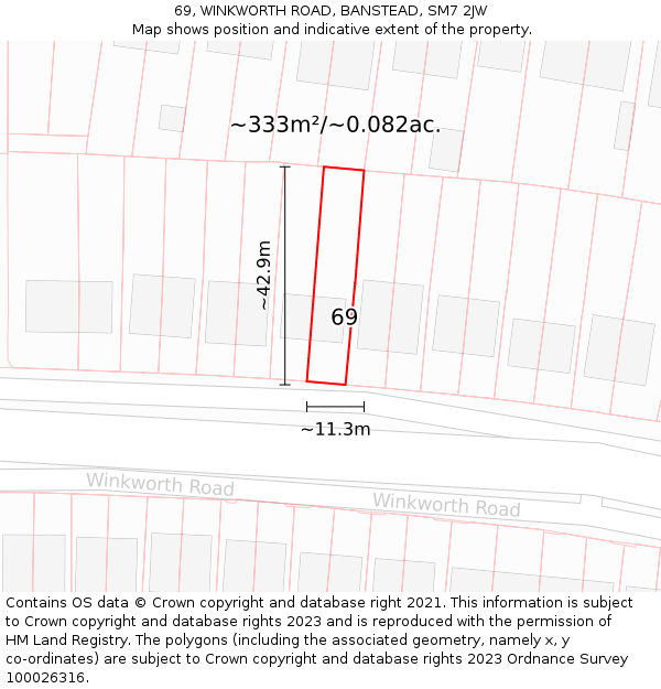 69, WINKWORTH ROAD, BANSTEAD, SM7 2JW: Plot and title map