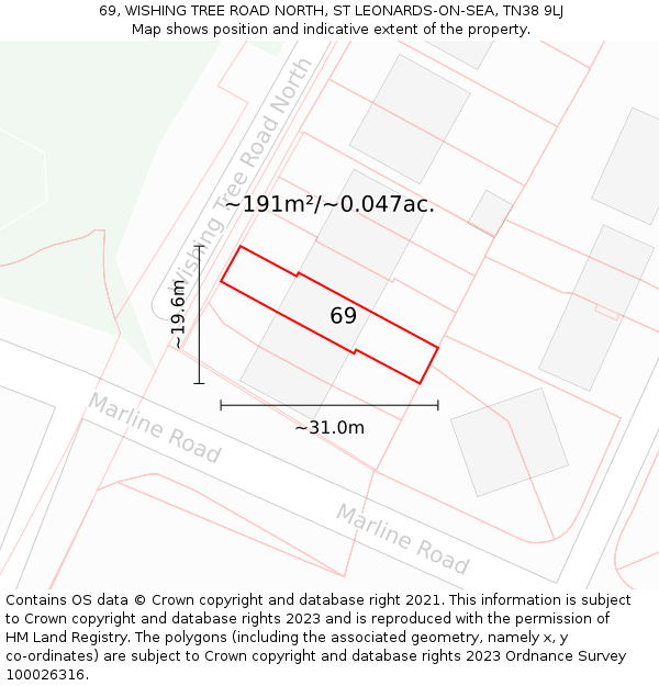 69, WISHING TREE ROAD NORTH, ST LEONARDS-ON-SEA, TN38 9LJ: Plot and title map