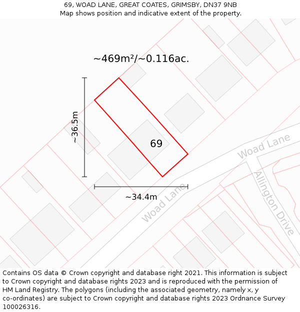 69, WOAD LANE, GREAT COATES, GRIMSBY, DN37 9NB: Plot and title map