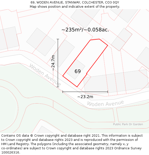 69, WODEN AVENUE, STANWAY, COLCHESTER, CO3 0QY: Plot and title map