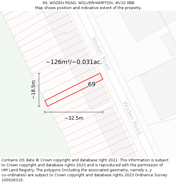69, WODEN ROAD, WOLVERHAMPTON, WV10 0BB: Plot and title map