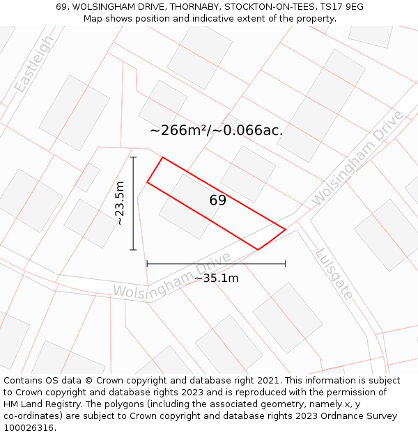 69, WOLSINGHAM DRIVE, THORNABY, STOCKTON-ON-TEES, TS17 9EG: Plot and title map