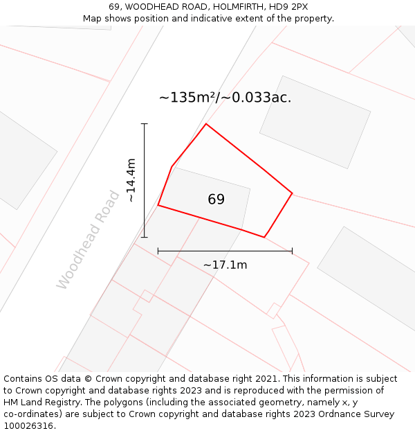 69, WOODHEAD ROAD, HOLMFIRTH, HD9 2PX: Plot and title map