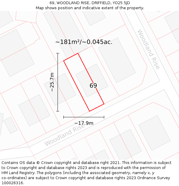 69, WOODLAND RISE, DRIFFIELD, YO25 5JD: Plot and title map