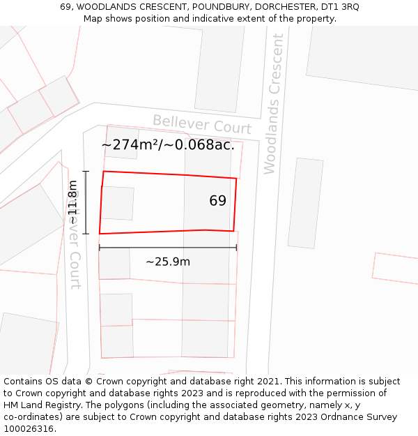 69, WOODLANDS CRESCENT, POUNDBURY, DORCHESTER, DT1 3RQ: Plot and title map