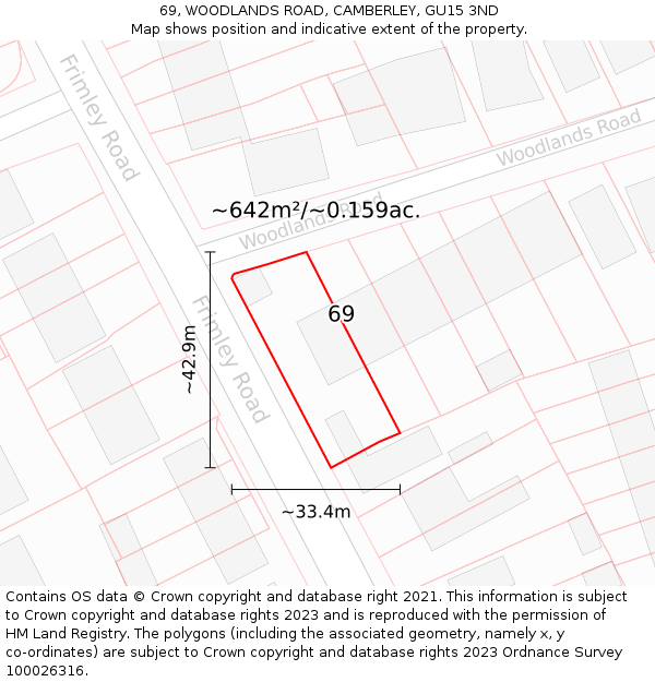 69, WOODLANDS ROAD, CAMBERLEY, GU15 3ND: Plot and title map